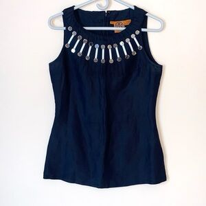 Tory Burch Navy Sleeveless Top with Embellishments Silk Linen